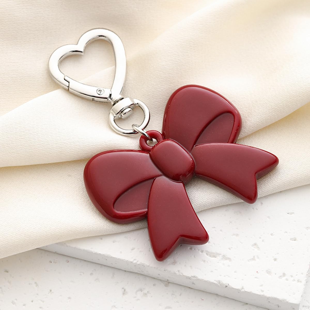 S.A.V.I Resin Bow Keychain for Women & Girls, Cute Bag Charm, Wine Red, Glossy accessory with heart clasp for handbags, backpacks, keys & gifting; lightweight 8 x 5 cm decorative pendant