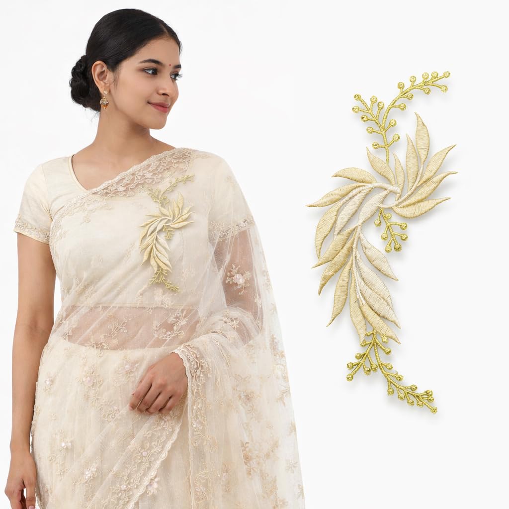 S.A.V.I Yellow & Silver Floral Iron-On Embroidered Appliqué Patch 7.5 x 17 cm | Leaf Motif Threadwork Design for Dresses, Sarees, Blouses & DIY Fabric Craft (Left, Yellow, 7.5 x 17 cm)
