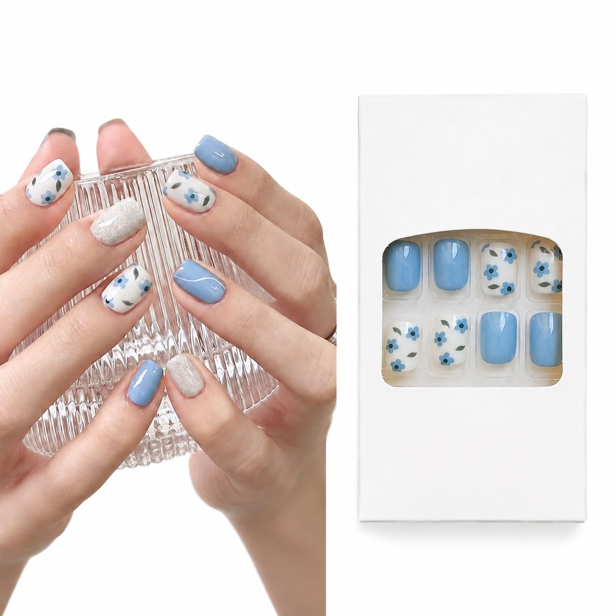 S.A.V.I Press on Nails for Women Blue & White Floral Design