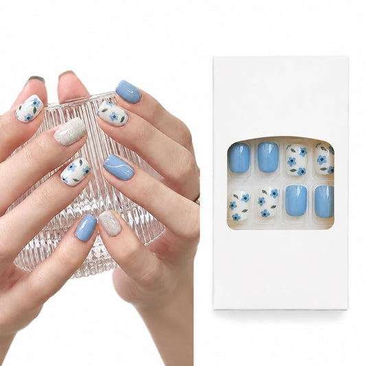 S.A.V.I Press on Nails for Women Blue & White Floral Design