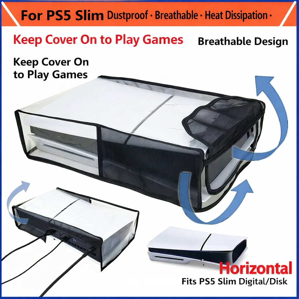 S.A.V.I Dustproof Breathable Cover for PS5 Slim Horizontal Console, Black & Transparent Mesh with TPU Case, Flip-Open Cooling Design, Scratch & Water Resistant Protection (Horizontal)