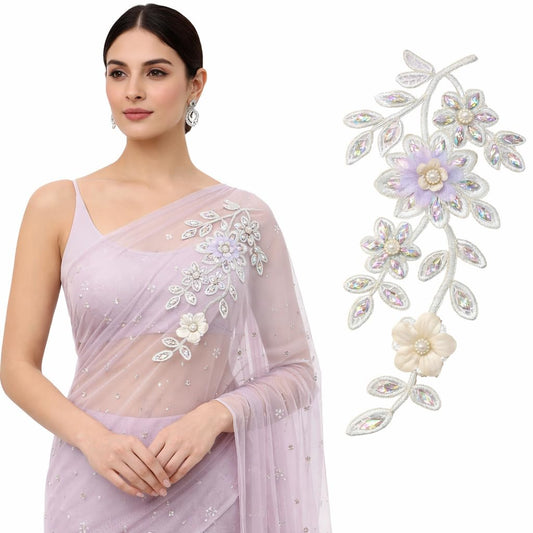S.A.V.I Silver & Pastel Floral Sew-On Appliqué Patch, 3D Beaded Crystal Leaf Design, 14 x 27 cm Net Fabric for Saree, Kurti, Gown & Dress Decoration (Right, Silver, OneSize)