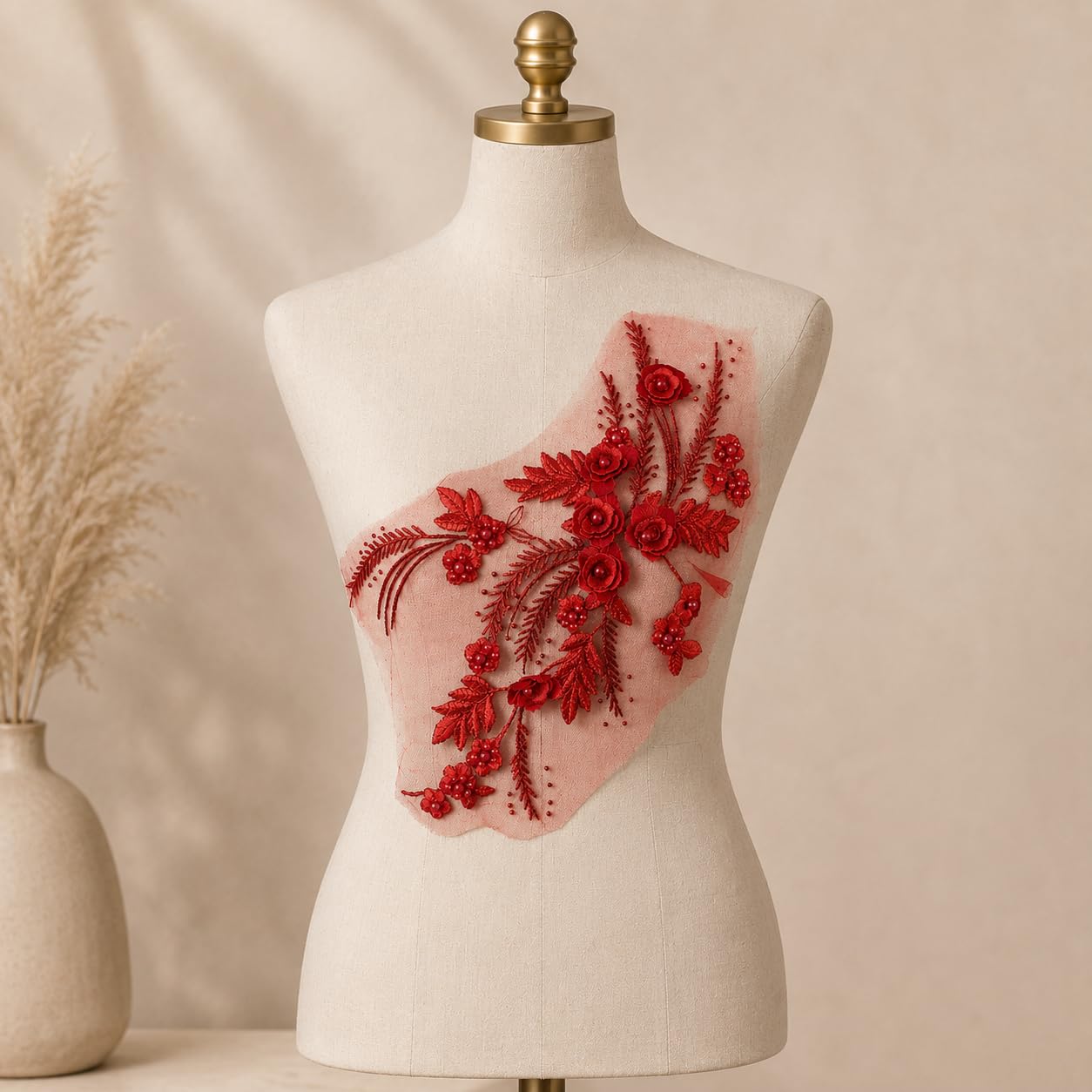 S.A.V.I Red Floral Embroidery Patch Sew-On Applique Kurti Blouse|3D Pearl Lace Motif 34x24 cm for Dresses, Gowns, Tops, DIY Craft & Custom Fashion