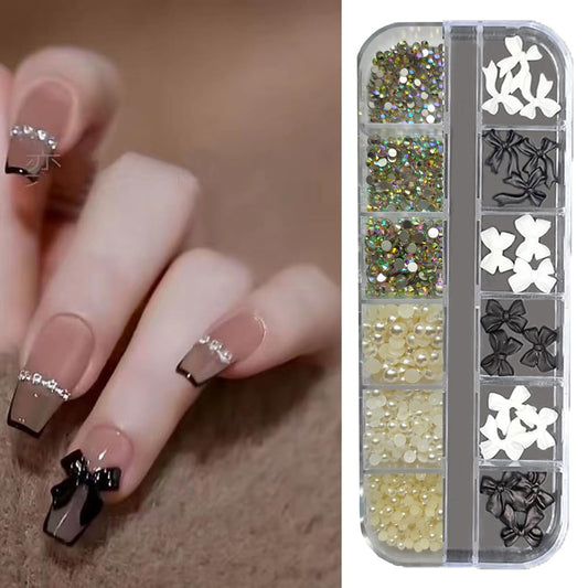 S.A.V.I 12-Grid 3D Black  White Bowknot AB Flatback Rhinestones  Pearls DIY Nail Palette