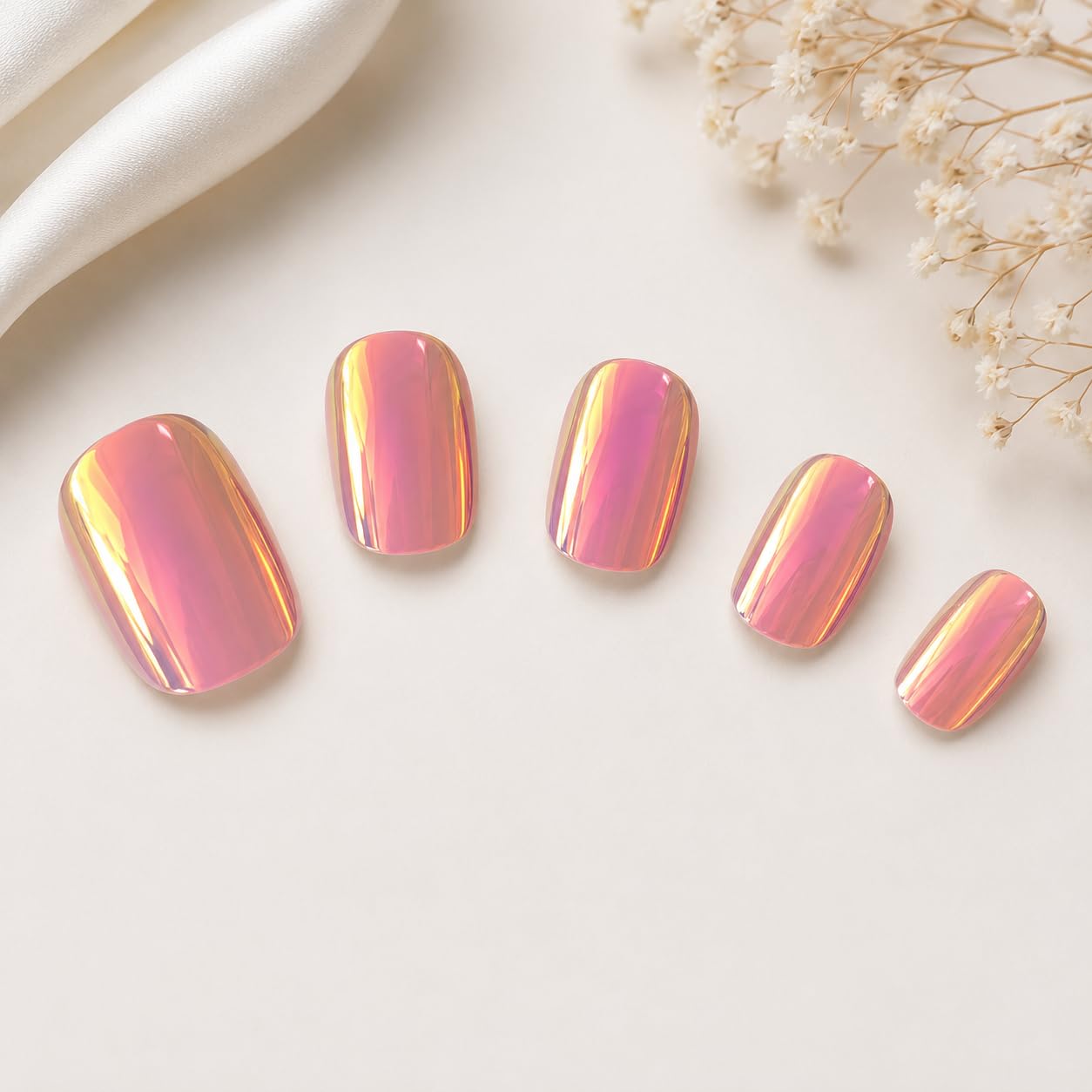 S.A.V.I Press on Nails 24 Pcs Short Aurora Mirror Finish | Reusable Adhesive Manicure Kit with Glue, Glossy Chrome Finish, Natural Fit for Women & Girls