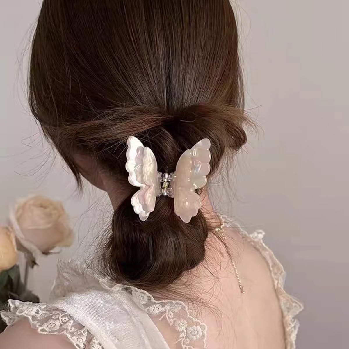 S.A.V.I Butterfly Hair Claw Clip for Women & Girls | 7.5 cm Large Acrylic Hair Clip | Mermaid White Iridescent Finish | Strong Hold Jaw Clip | Stylish Hair Accessory for Daily Use & Styling