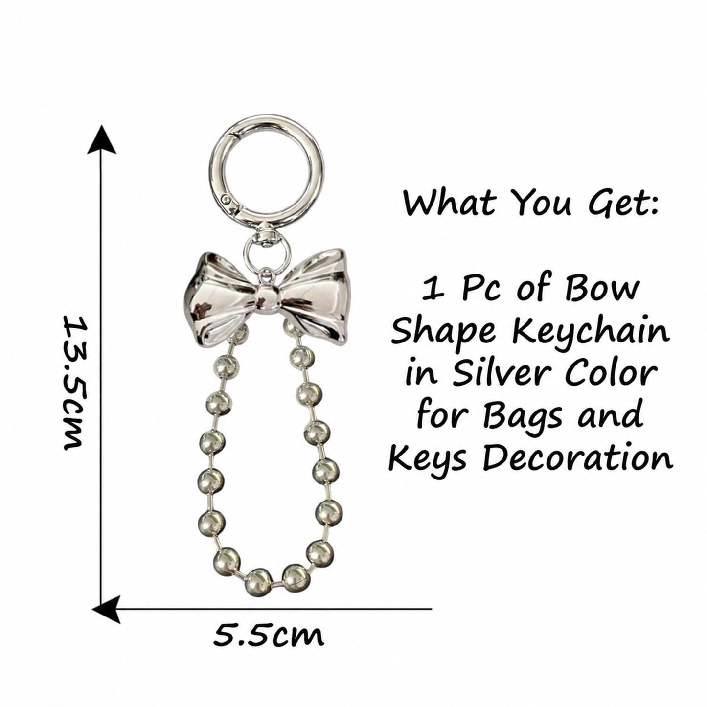 S.A.V.I Bow Keychain for Women, Silver Metal Bag Charm with Bead Chain, Round clasp accessory for handbags, backpacks & keys; stylish gift with glossy finish for girls and teens.