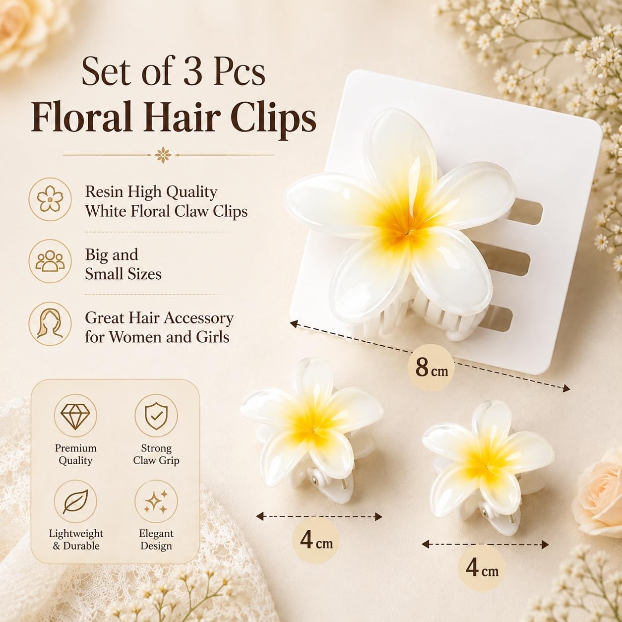 S.A.V.I Floral Resin Plumeria Hair Claw Clips White 8cm & 4cm | Set of 3, Strong Grip, Lightweight, Tropical Style, Women & Girls