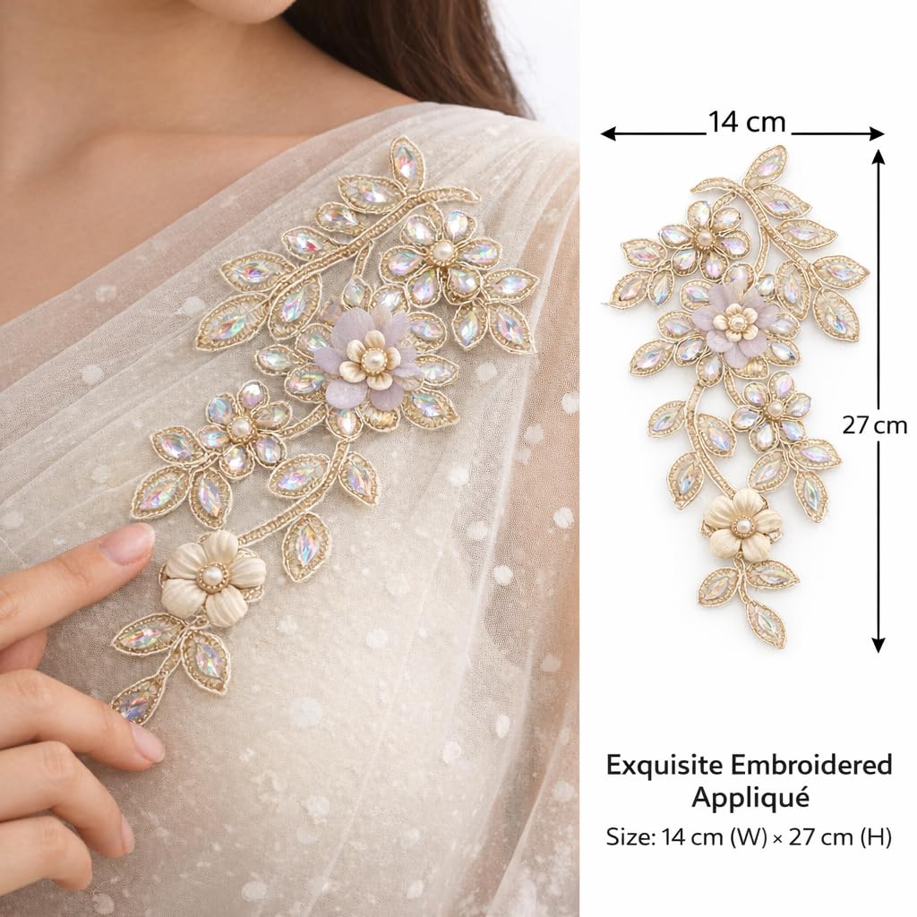 S.A.V.I Champagne Gold Crystal Floral Applique Patch 14 x 27 cm, Hand Embroidered Beaded Leaf Sew-On Design for Sarees, Gowns, Dresses & Kurtis (Right, Gold, OneSize)