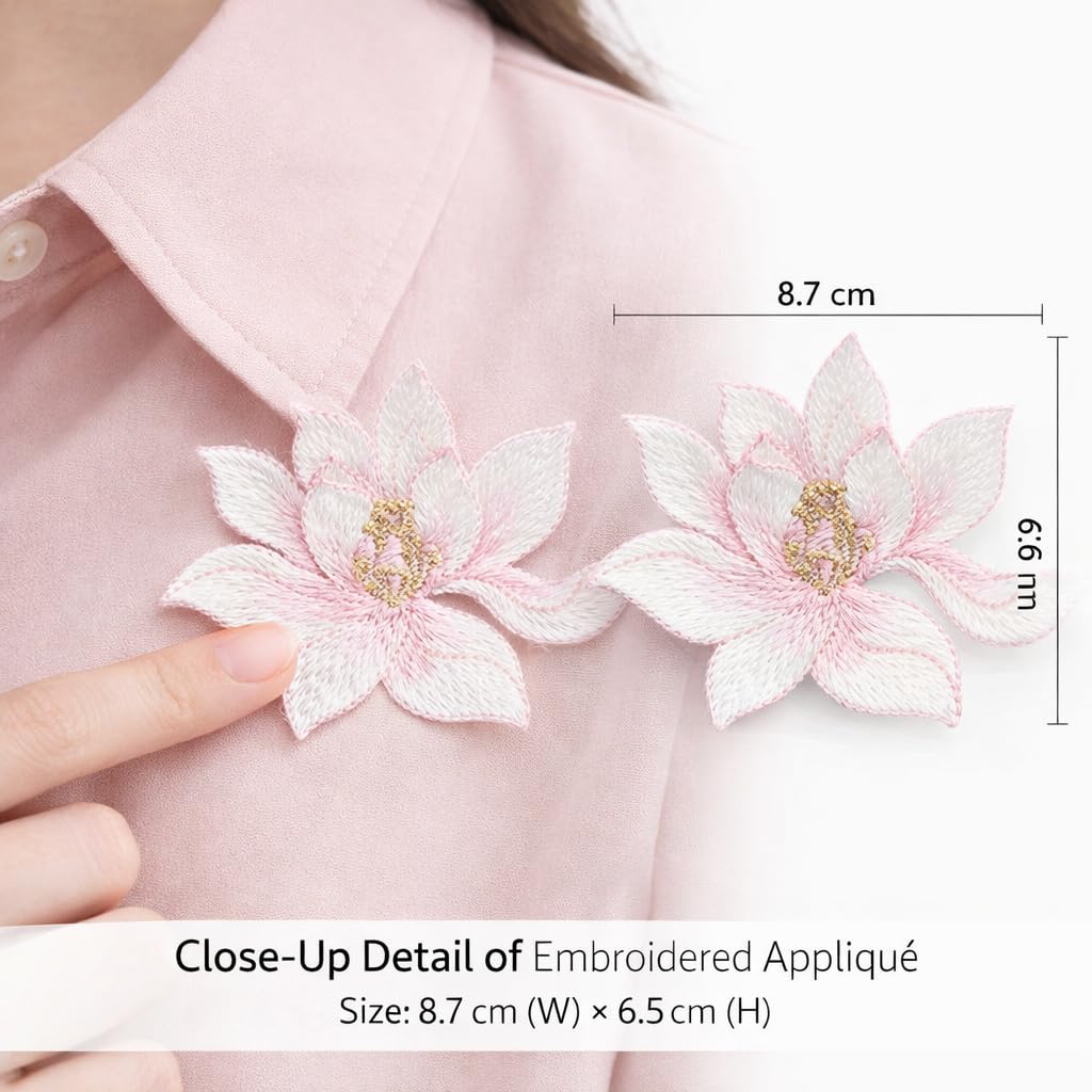S.A.V.I Pink Lotus Flower Iron-On Embroidered Appliqué Patch 8.7 x 6.9 cm | Premium Fabric Floral Motif for Dresses, Kurtis, Sarees, Blouses & DIY Garment Decoration (Pink)