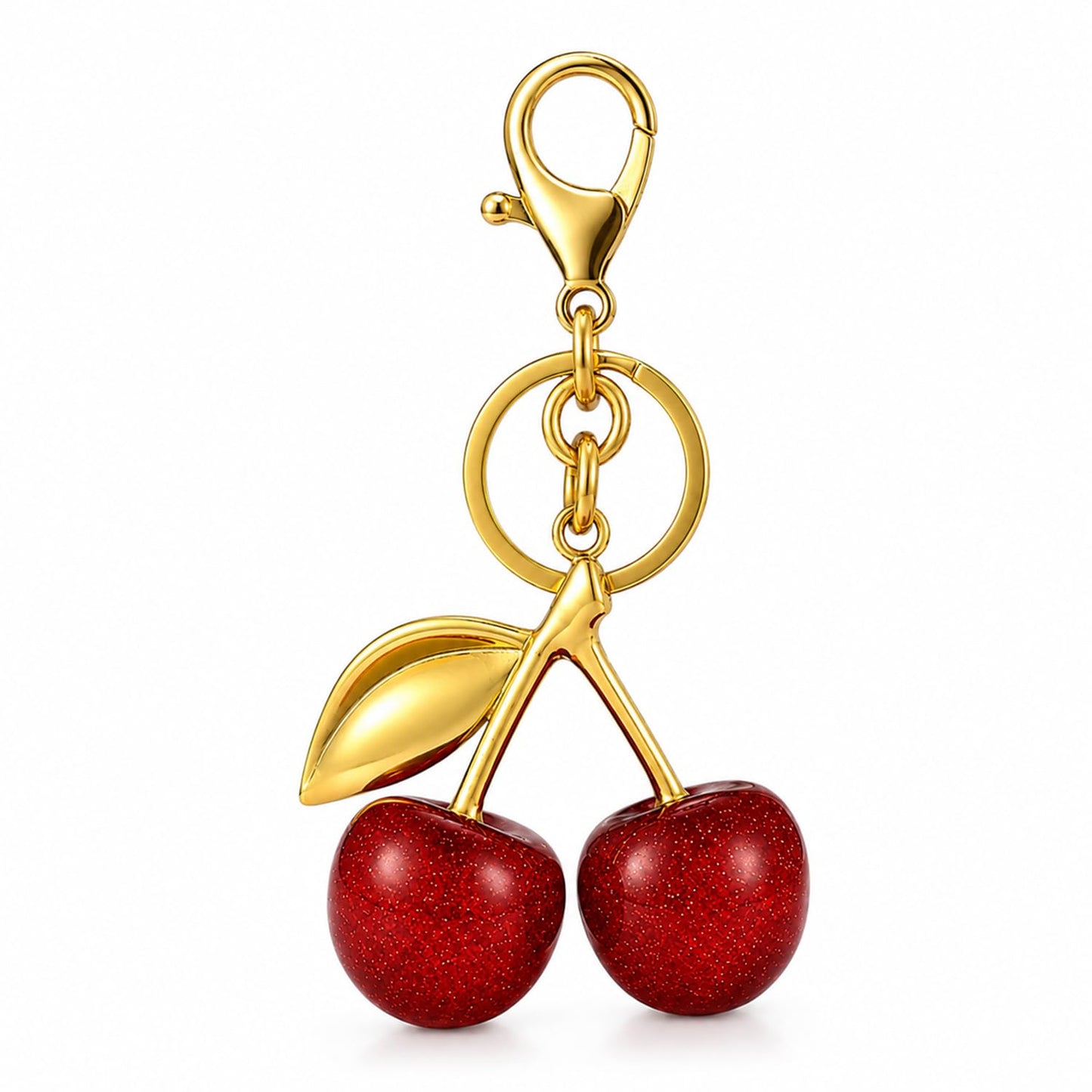 S.A.V.I Cherry Keychain for Women & Girls, Glitter Resin Gold Alloy Charm, Cute Bag Accessory, Purse Pendant, 13 x 7 cm Decorative Key Ring, Red Sparkle Finish, Durable Gift for Handbags & Backpacks