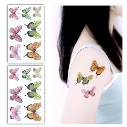 S.A.V.I Glitter Butterfly Temporary Tattoo Stickers - 2 Sheets, Multicolor (Pink, Green, Yellow) | Waterproof, Skin-Friendly Body Art for Kids  Adults | Party  Festival Decoration, Easy to Apply  Remove