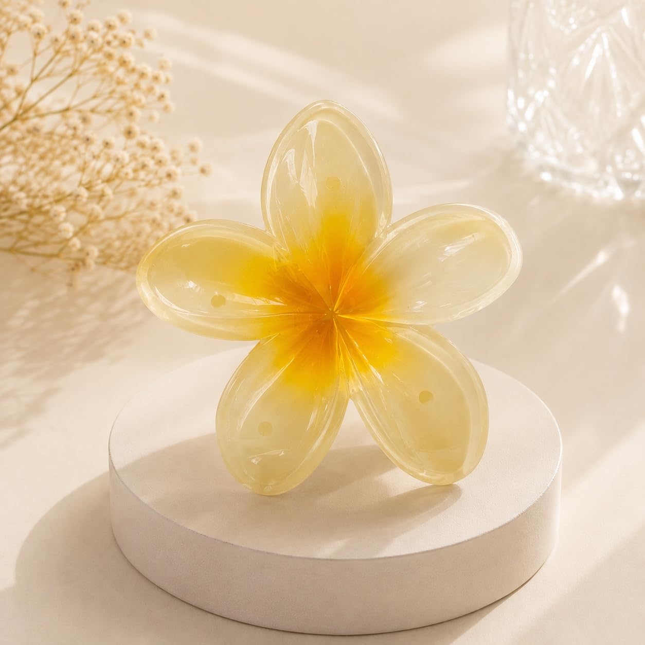 S.A.V.I Yellow Plumeria Resin Flower Hair Claw Clip for Women 8cm | Strong Grip, Lightweight, Thick & Thin Hair, Parties & Weddings, Holiday Accessory