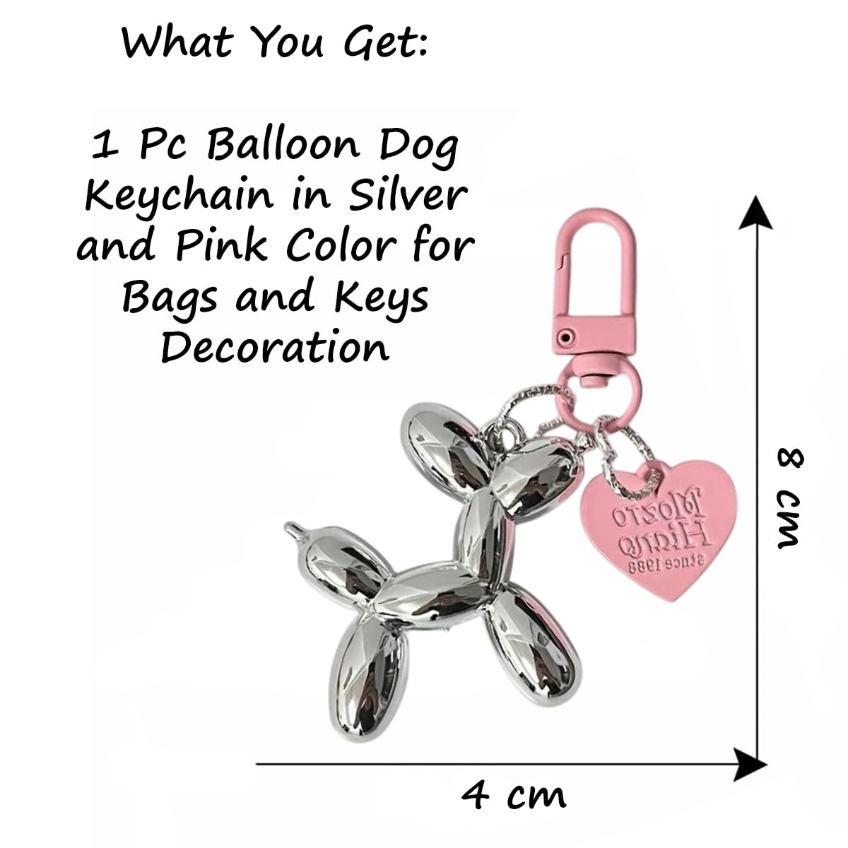 S.A.V.I Balloon Dog Keychain for Women & Girls, Cute Bag Charm, Silver Pink, Glossy metal accessory with clip for handbags, backpacks & keys; stylish gift for everyday fashion lovers.