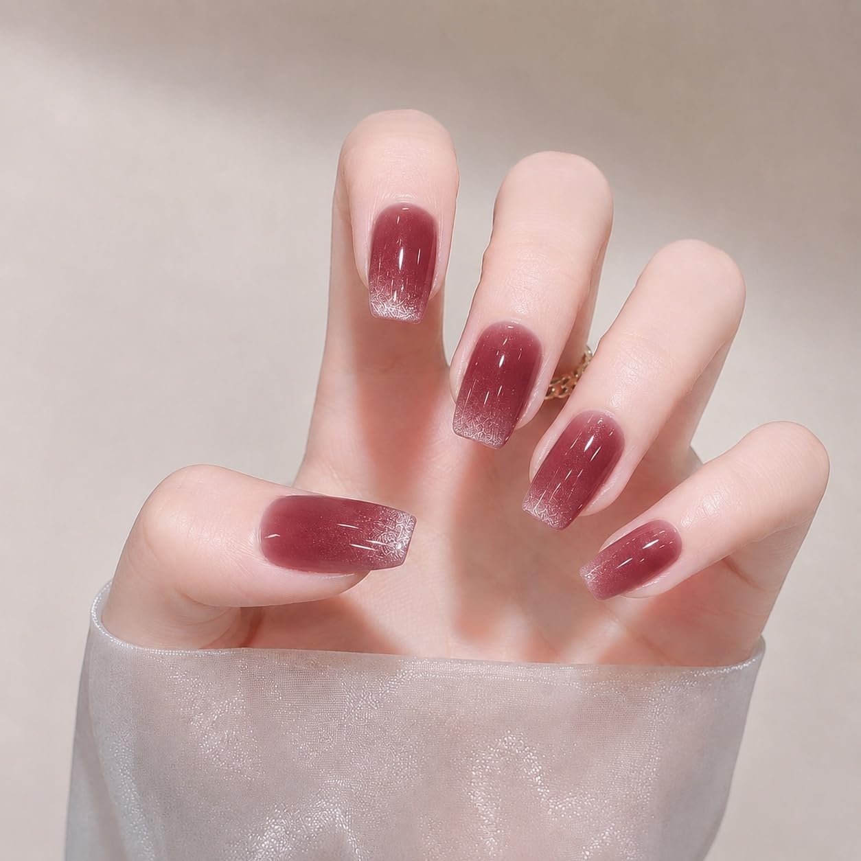 S.A.V.I Press on Nails Dark Wine Medium Square Cat Eye 24 Pcs
