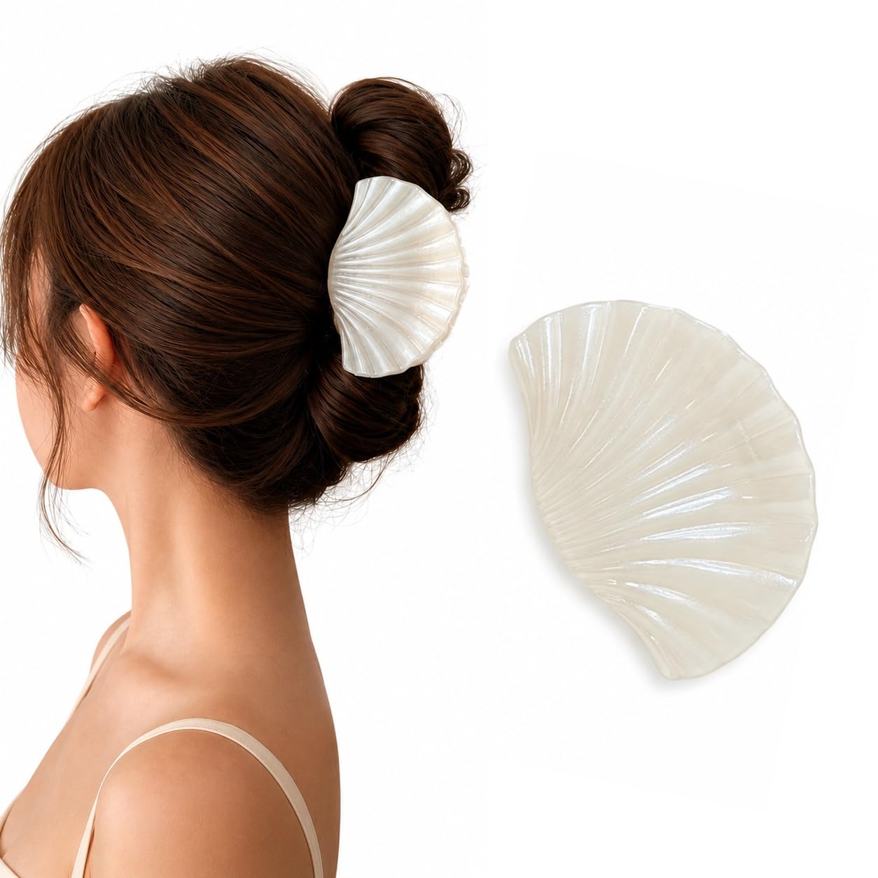 S.A.V.I Shell Hair Claw Clip for Women, Large Off White 10 cm | Iridescent Resin, Secure Grip, Thick & Long Tresses, Party & Office Styling, Daily Use