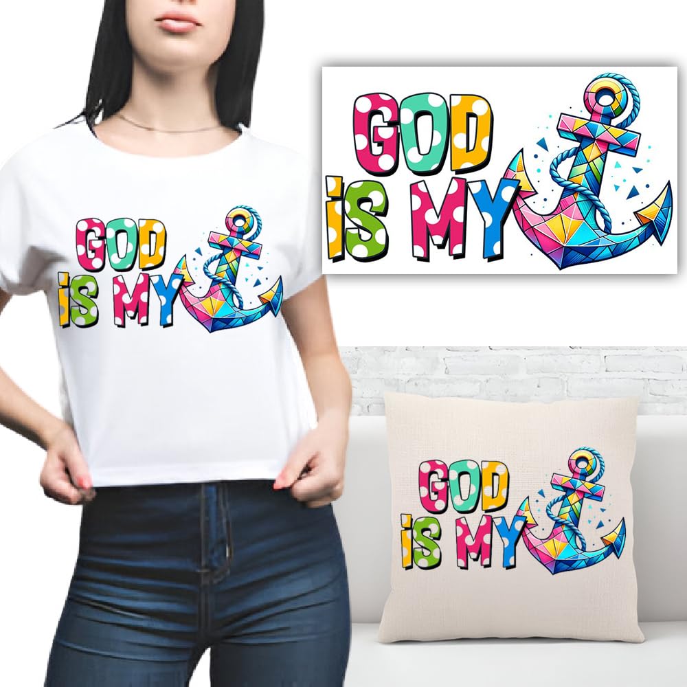 S.A.V.I 1PC Vibrant 'God is My Anchor' Iron-On Heat Transfer Patch – Washable DIY Fabric Sticker for T-Shirts, Hoodies, Jeans, Pillows – Easy Customization for Clothing, Bags  Accessories