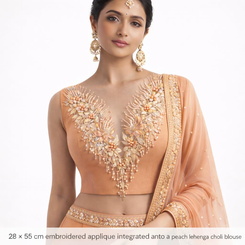 S.A.V.I Peach Apricot Floral Embroidered Applique Patch 28x55 cm, 3D Hand Beaded Pearl Sequin Net Lace V-Neck Front Yoke, Lehenga Gown Bridal Evening (Peach Apricot)