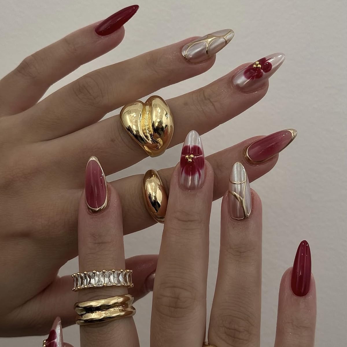 S.A.V.I 24 Pcs Reusable Press On Nails for Women, Long Almond Shape Nude & Red Gloss Finish, 3D Floral Gold Foil Design, Artificial Fake Nails Set with Glue & Tabs