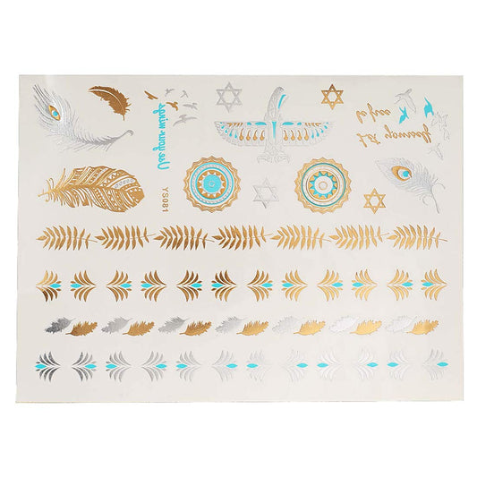 S.A.V.I 3D Temporary Tattoo Golden and Silver Metallic Sticker Colourful Butterflies Swans Peacock Design Size 21x15cm - 1pc. (81), Gold, 22 g