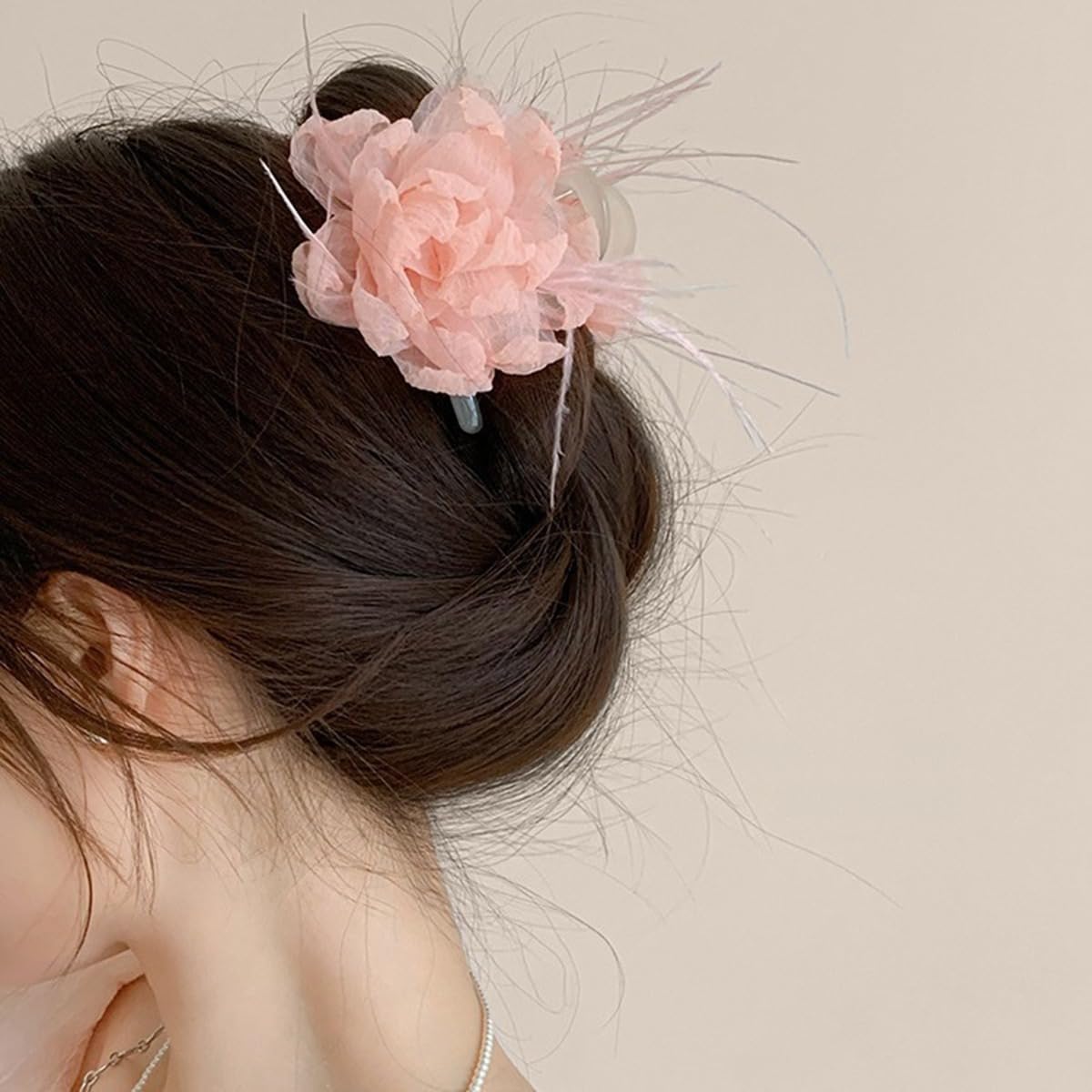S.A.V.I Baby Pink Floral Hair Claw Clip for Women & Girls, 8 cm Rose Design, Lightweight Net Fabric with Strong Plastic Claw, Korean Style Hair Accessory for Daily, Party & Casual