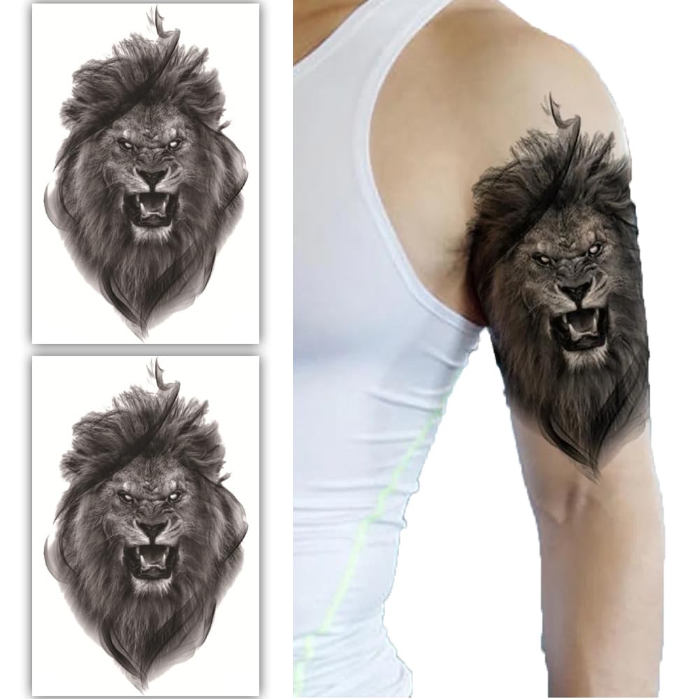 S.A.V.I 2 Sheets Realistic Black Lion Temporary Tattoo Stickers - Large 19x12cm - Long-Lasting Waterproof Body Art for Men  Women - Easy Apply  Remove - Ideal for Arm, Shoulder, Back