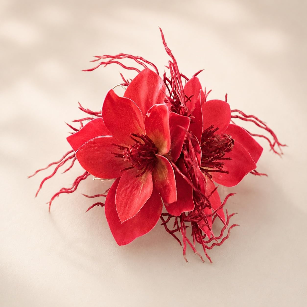 S.A.V.I Red Floral Hair Clip Barrette for Women & Girls | 10 x 7 cm Size, Fabric & Plastic Bloom, Bridal & Party Styling, Beach & Festive, Wedding Accessory