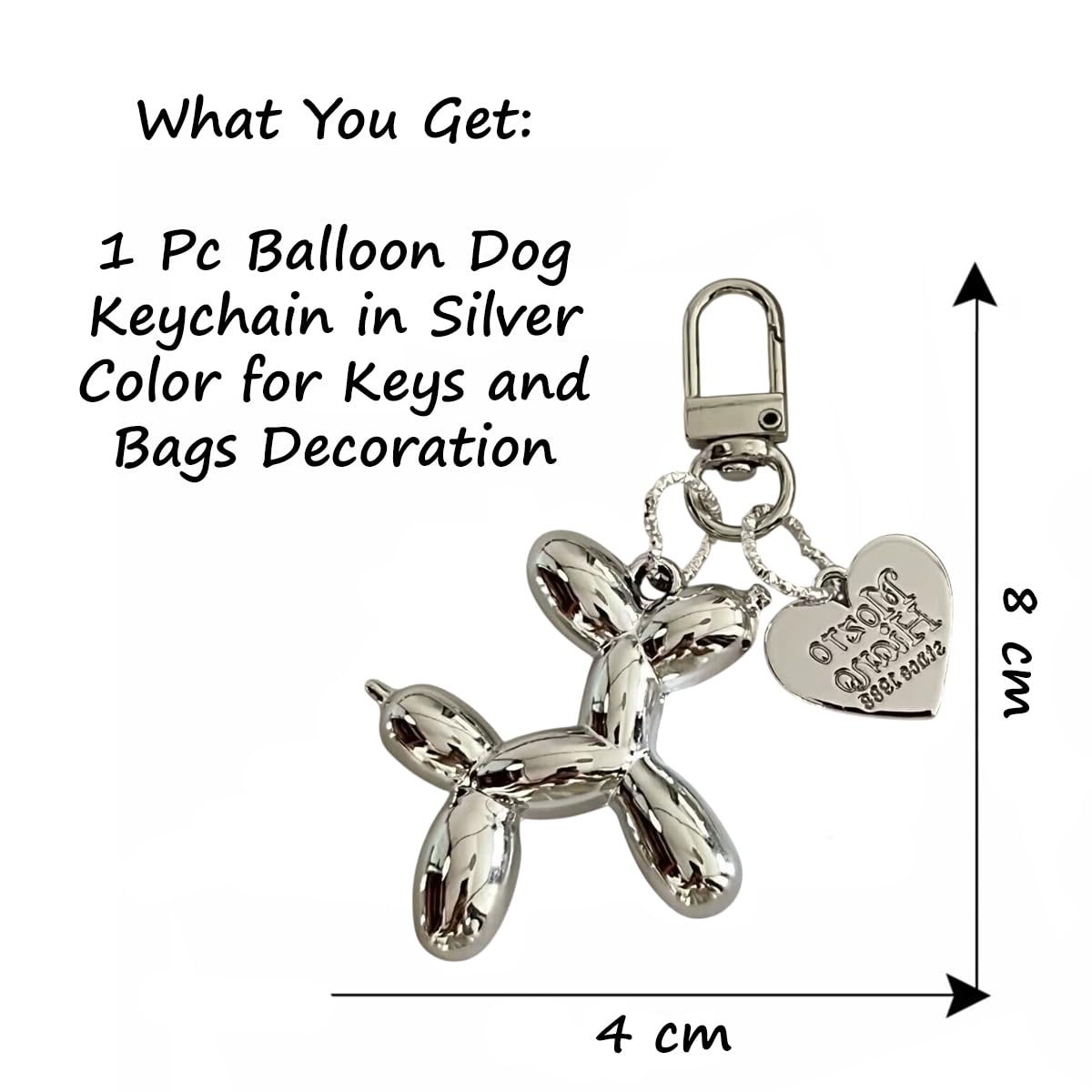S.A.V.I Balloon Dog Keychain Silver Metal Bag Charm Key Ring Pendant, Cute mirror-finish accessory with lobster clasp for handbags, backpacks & car keys; stylish gift for women, girls & teens.