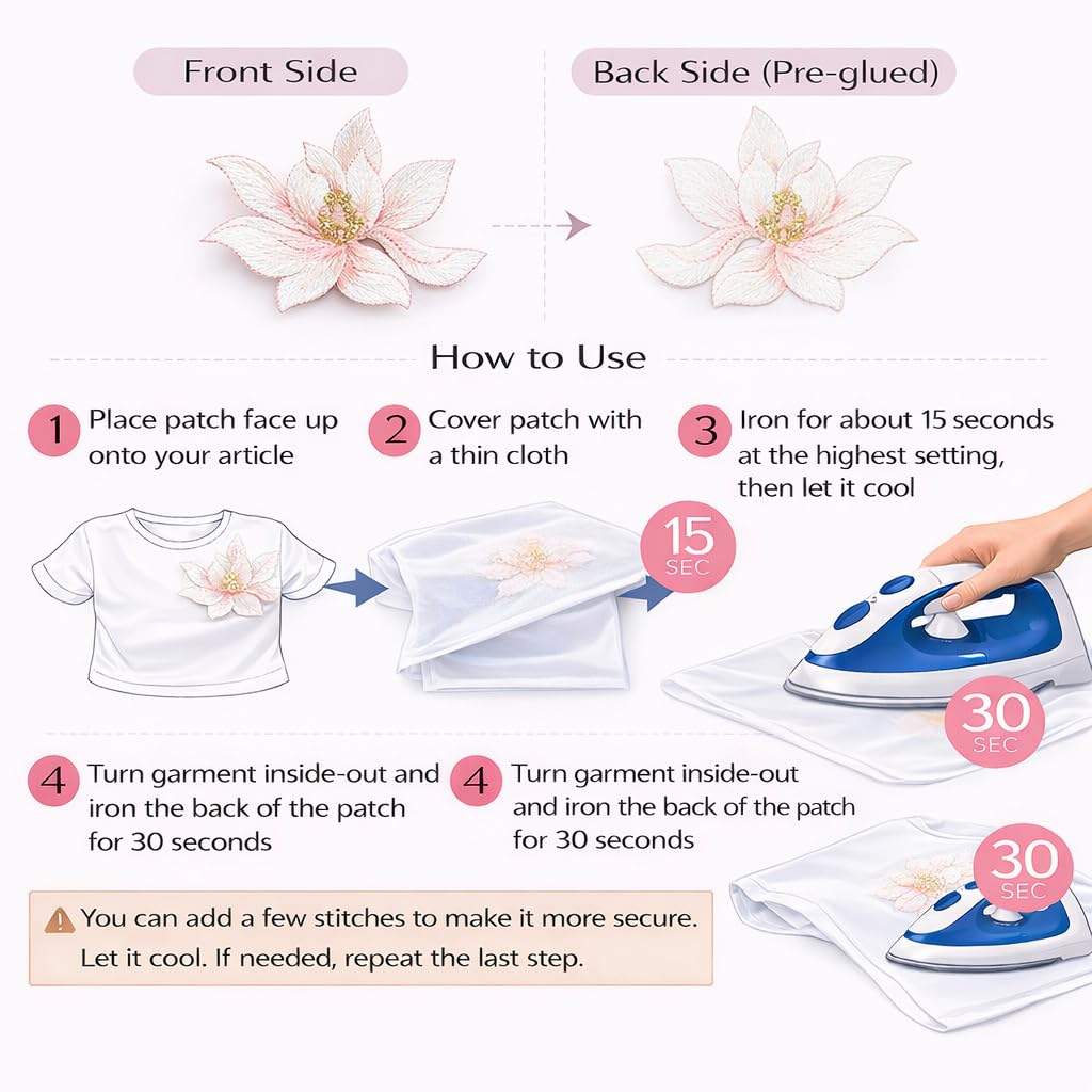 S.A.V.I Pink Lotus Flower Iron-On Embroidered Appliqué Patch 8.7 x 6.9 cm | Premium Fabric Floral Motif for Dresses, Kurtis, Sarees, Blouses & DIY Garment Decoration (Pink)