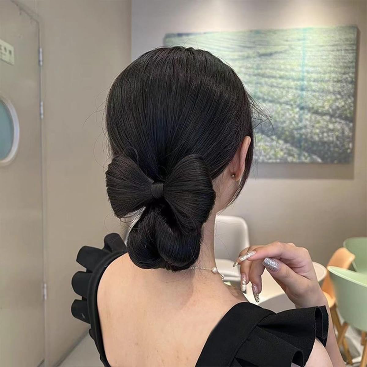 S.A.V.I Natural Black Bow Hair Extension Clip for Women & Girls | Korean Style Synthetic Hair Bow Barrette with Metal Clasp | Elegant Bun & Ponytail Accessory for Party, Wedding & Daily