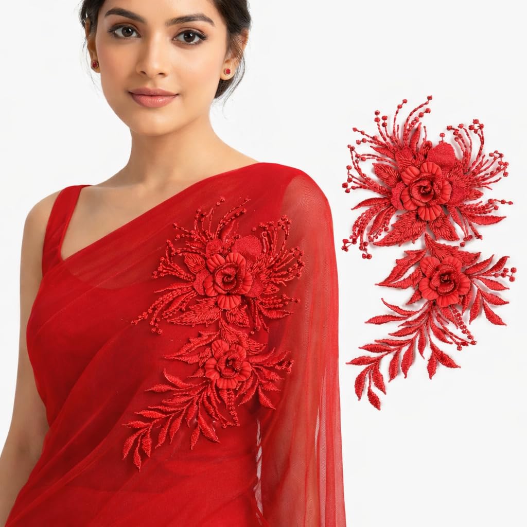 S.A.V.I Red Floral Embroidered Appliqué Sew On Patch, 3D Rose Design on Mesh Fabric, 12 x 21.5 cm Decorative Craft & Garment Embellishment for Dress, Kurti, Blouse