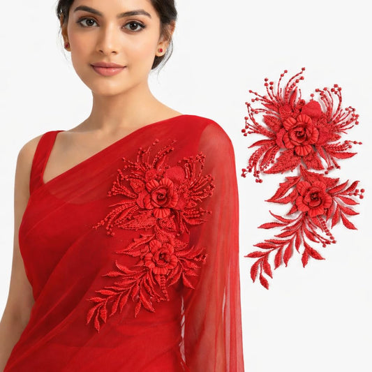 S.A.V.I Red Floral Embroidered Appliqué Sew On Patch, 3D Rose Design on Mesh Fabric, 12 x 21.5 cm Decorative Craft & Garment Embellishment for Dress, Kurti, Blouse