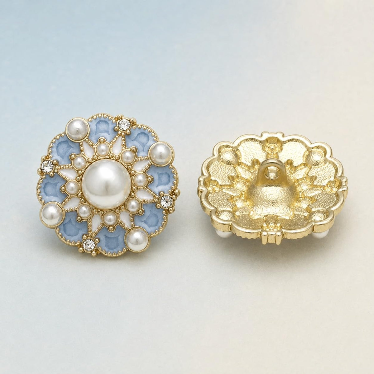 S.A.V.I Pearl Rhinestone Shank Buttons Gold Tone Blue Enamel 17.5mm | Set of 5, Floral Design, For Kurtis & Blouses, DIY Crafts, Sewing Fasteners
