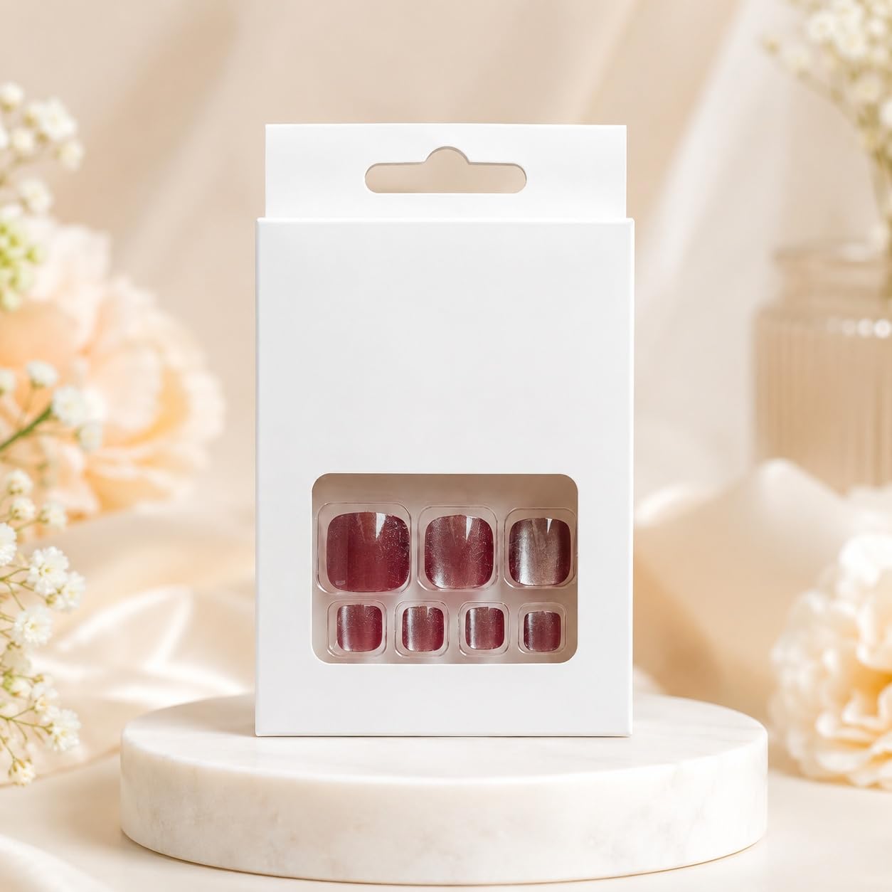 S.A.V.I Press on Toenails Wine Cat Eye Short Square 24-Piece
