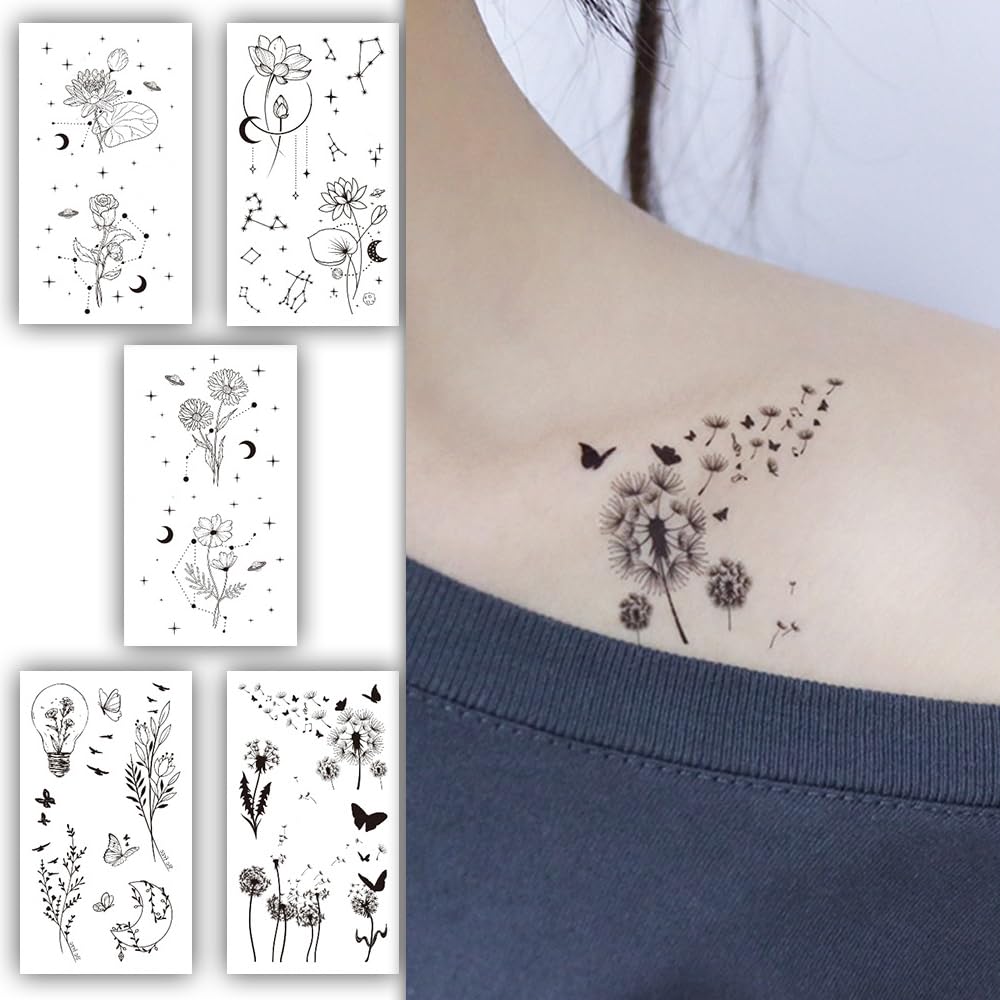 S.A.V.I 5PCS Temporary Tattoo Stickers - Waterproof, Nature-Inspired Designs with Floral, Fauna, Celestial Motifs, 10.5x6cm for Women  Girls