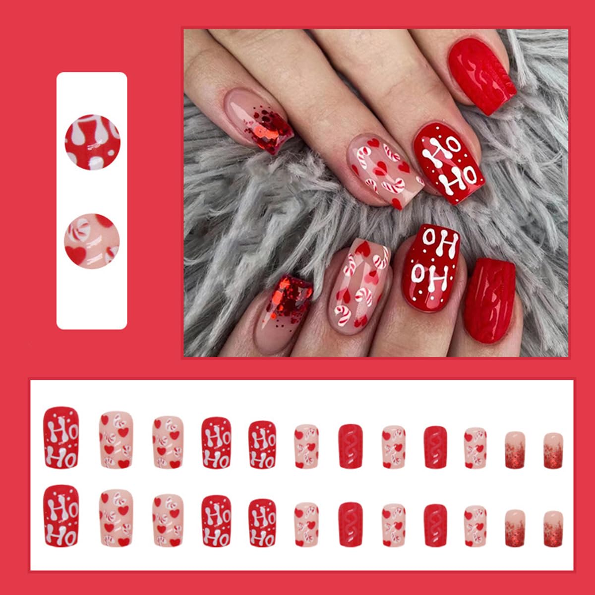 S.A.V.I 24 Pcs Christmas Red & Nude Press On Nails, Medium Square Glossy Acrylic Fake Nails with Candy Cane & Ho Ho Art, Reusable Set with Glue & Adhesive Tabs