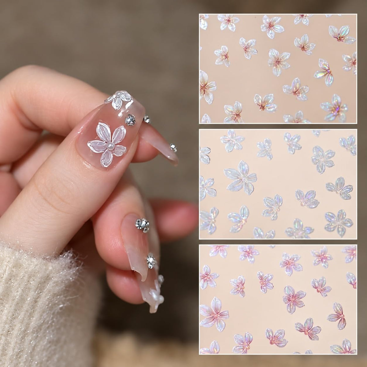 S.A.V.I 3D Nail Art Stickers Self Adhesive Floral Decals, Pack of 3 | Iridescent Pink & Pearl White, 7 x 9 cm, DIY Manicure, Women & Girls, Flower Embellishments