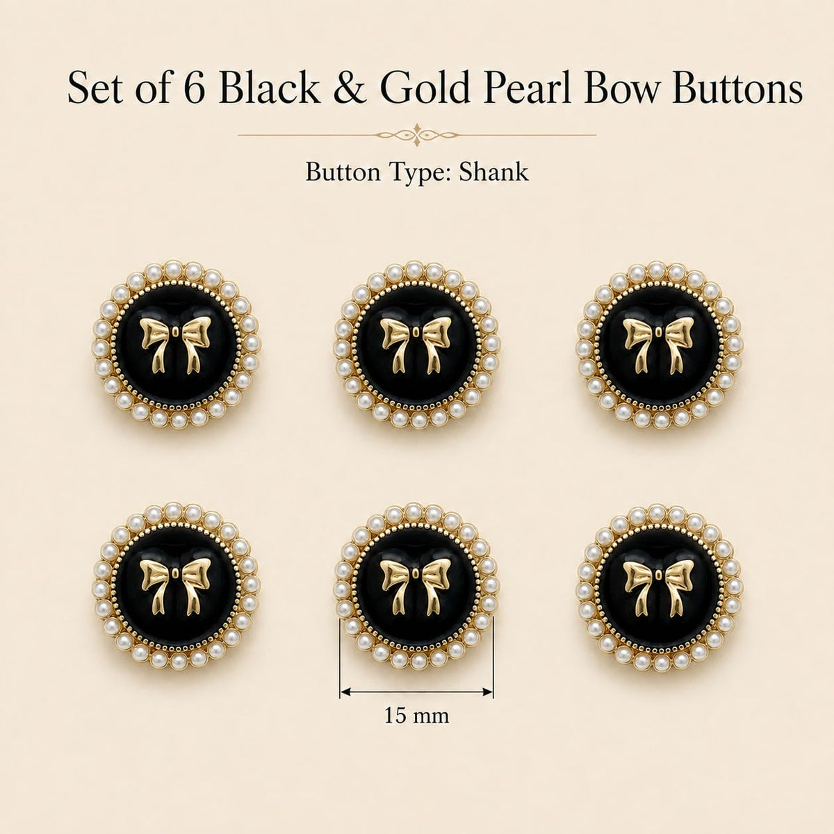 S.A.V.I Decorative Pearl Bow Shank Buttons 15mm Black & Gold | Set of 6, For Blazers & Dresses, DIY Tailoring & Crafts, Women's Fashion, For Jackets & Cardigans