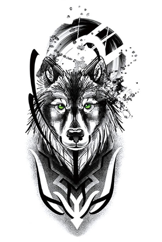 S.A.V.I Temporary Tattoo Stickers, Black Wolf Green Eyes Pattern For Men, Women, Tattoo For Hand Arm, Size 21x11cm - 1Pc.