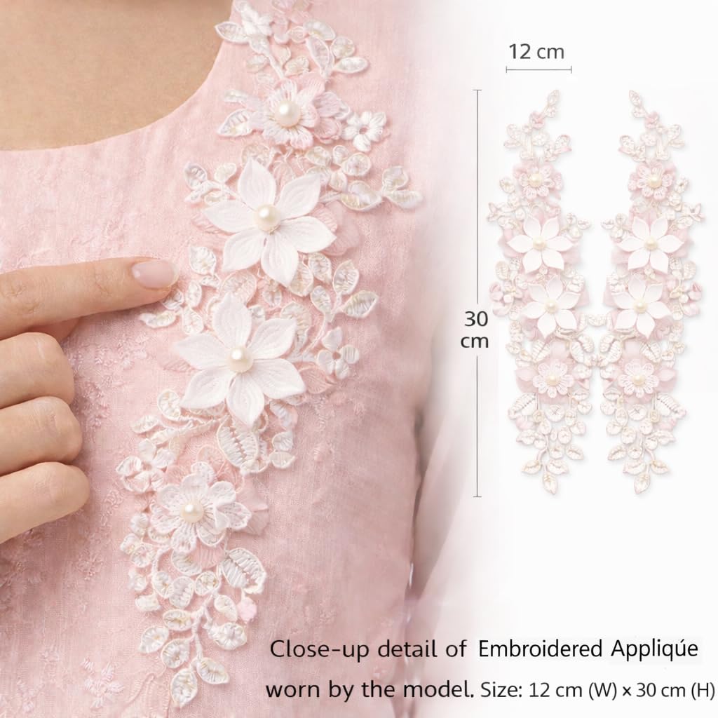 S.A.V.I Luxury Blush Pink Floral Embroidered Applique Pair 12x30 cm | 3D Lace Pearl Beaded Net Fabric Neckline Motif for Women’s Kurtis, Gowns & Bridal Wear (Pink Flowers)