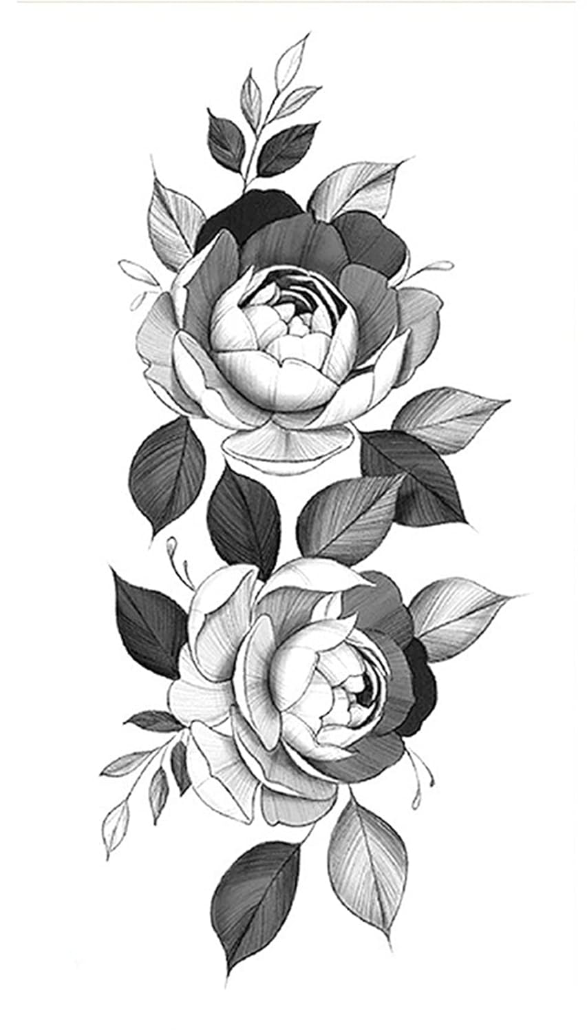 S.A.V.I Temporary Tattoo Stickers, 2 Big Rose Flowers Leaves Design For Men, Women Size 21x11cm - 1Pc.