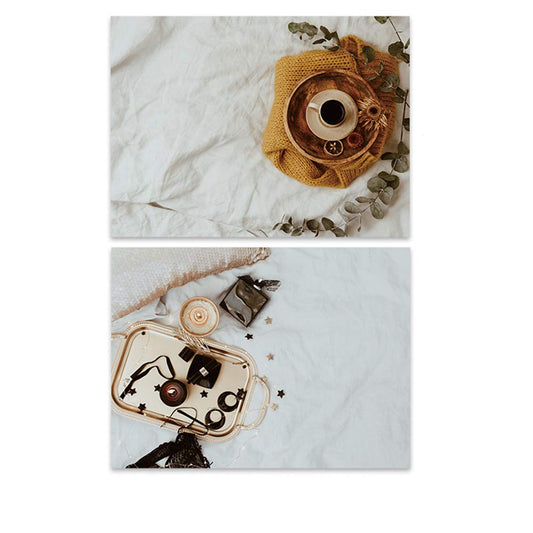 SAVIAURA 1 Sheet 2 in 1 Photography Backdrop 3D Flat Lay Tabletop Double-Sided Photo Background PVC Wrinkle-Free Small Products Photo Shoot (#25- Coffee Time on White Surface Pattern)