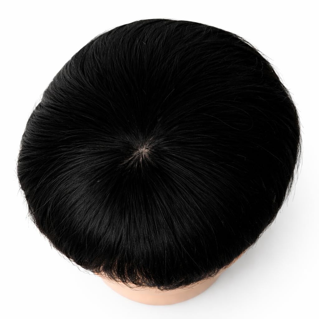 S.A.V.I Natural Black 100% Human Hair Crown Patch for Men – Curved Round Hair Topper with Breathable Base, Secure Clips, Lightweight Seamless Blend for Thinning Coverage