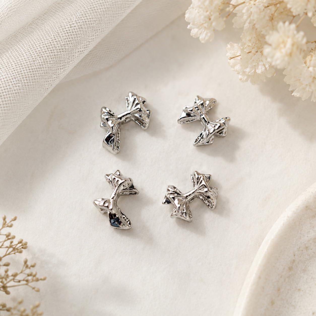S.A.V.I Silver Alloy Bow Charms for DIY Nail Art, 20 Pcs | 3D Manicure Embellishments, Glossy Finish, Acrylic, Gel & Press-On, Easy to Apply, Women & Girls