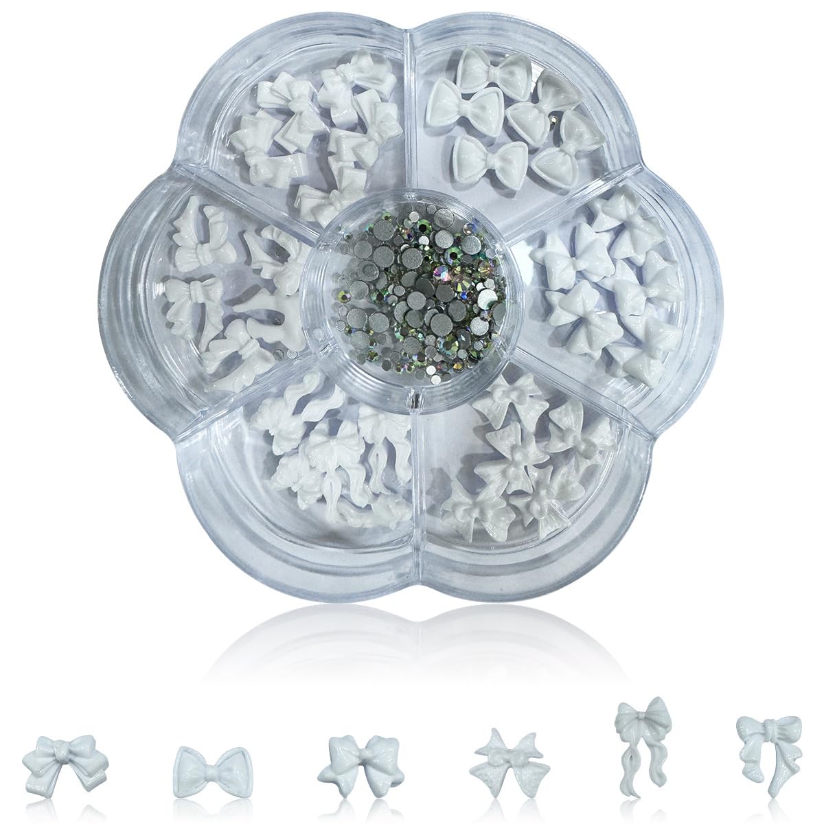 S.A.V.I 3D White Bow Nail Art Charms Set with 7-Section Box (8.3 cm) | Resin Bowknot & AB Flat-Back Rhinestones | Glossy DIY Nail Accessories for Salon & Home Use