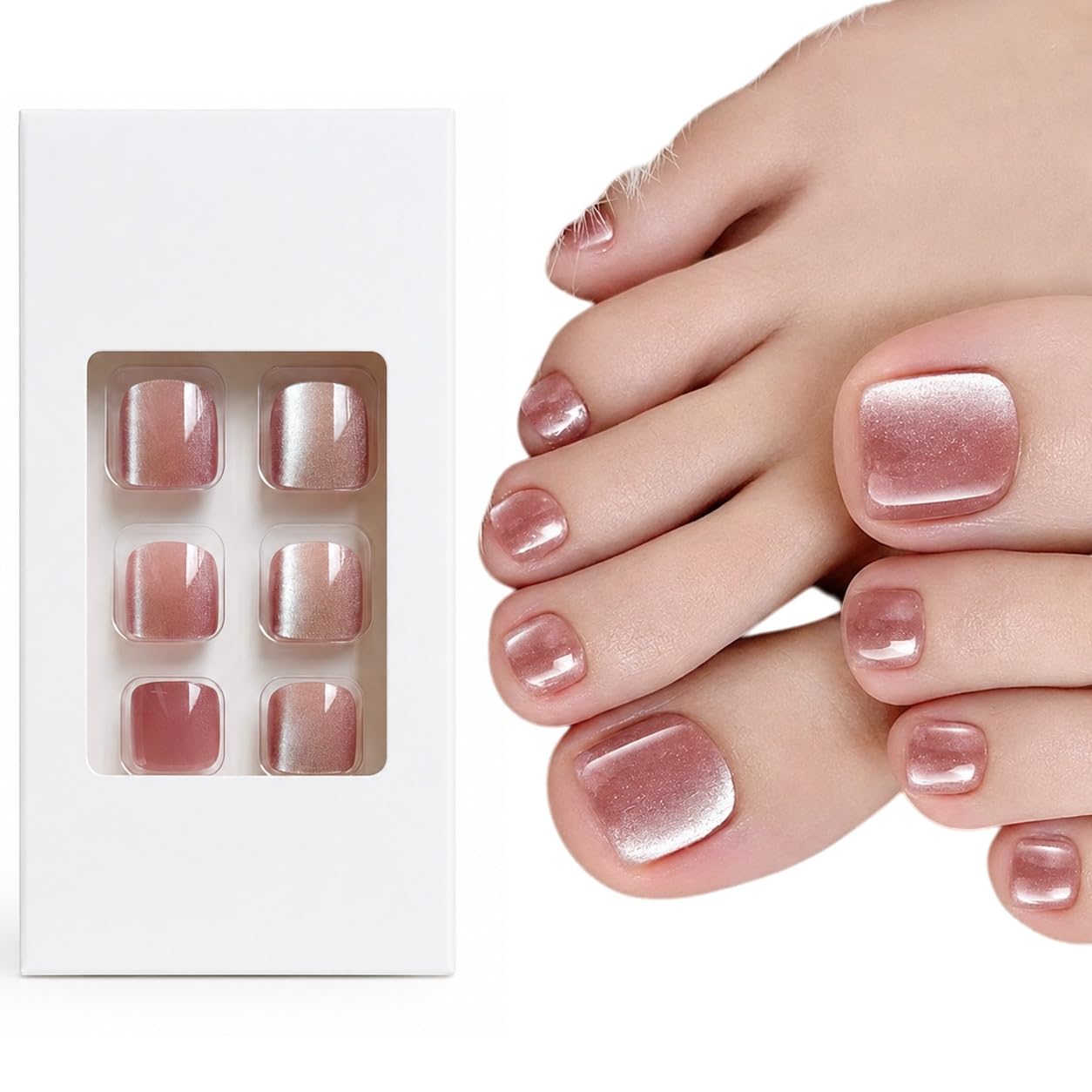 S.A.V.I Cat Eye Glitter Press on Toenails Pink Short Square 24 Pcs