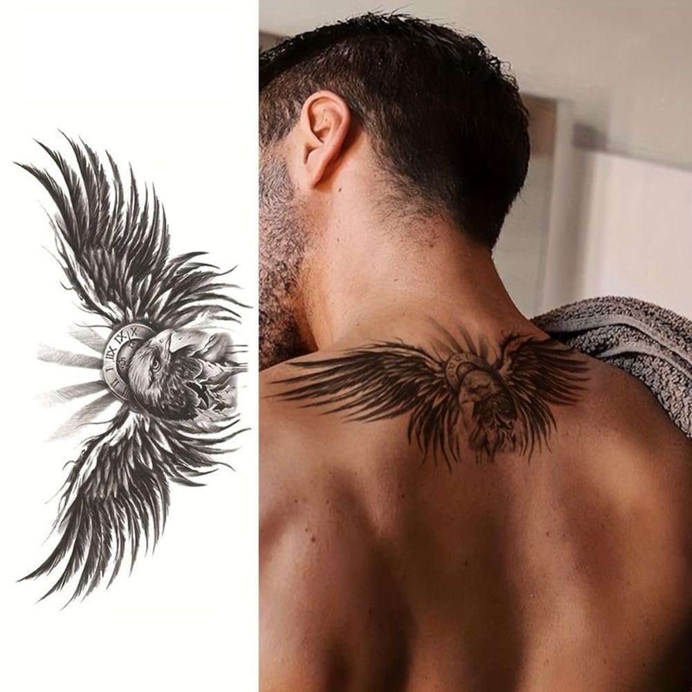 S.A.V.I 3 Pcs Large Eagle Design Temporary Tattoo Sheets for Men & Women – 21x10 cm Black Waterproof Body Art Stickers – Safe, Non-Toxic, Easy to Apply & Remove, Long-Lasting Skin Tattoos