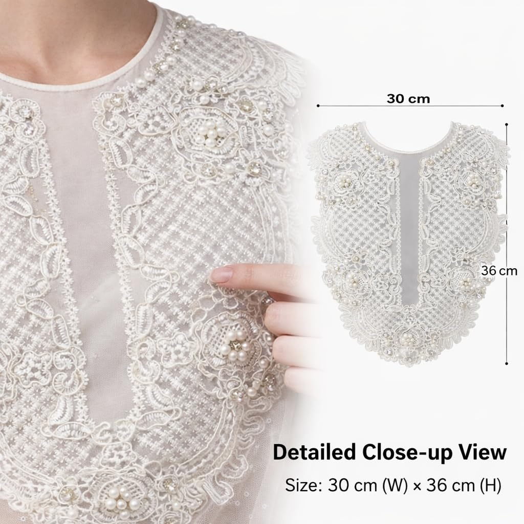 S.A.V.I Luxury White Embroidered Lace Appliqué Neckline (30 x 36 cm) with Pearl & Bead Floral Work | U-Shape Yoke Patch for Kurti, Gown, Saree Blouse & Designer Dresses (Pearl & Stones)