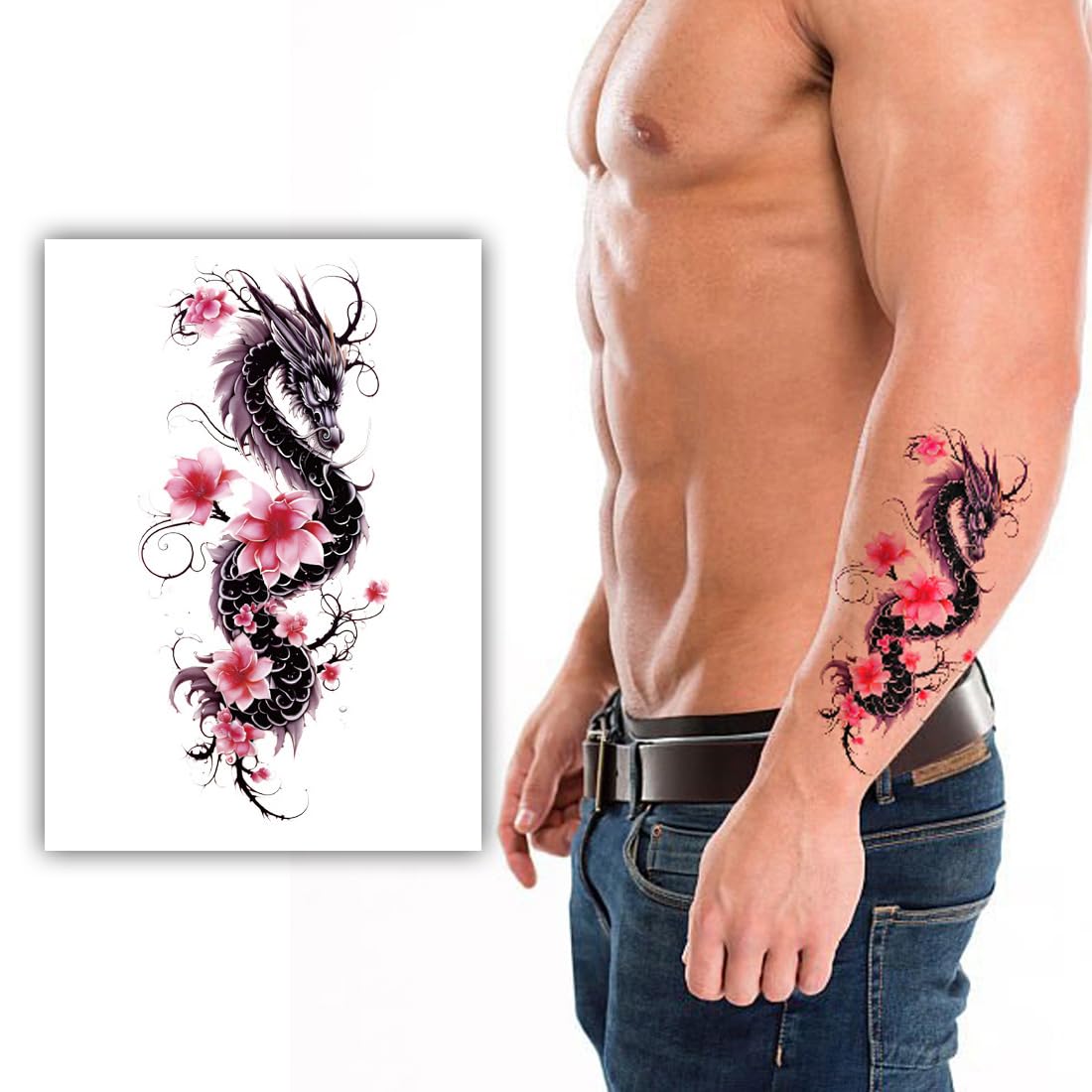 S.A.V.I 1 Pc Dragon Temporary Tattoo for Men & Women – 21x11cm Waterproof Body Art Sticker with Pink Floral Design – Non-Toxic, Easy to Apply & Remove – For Arm, Chest, Back Decoration