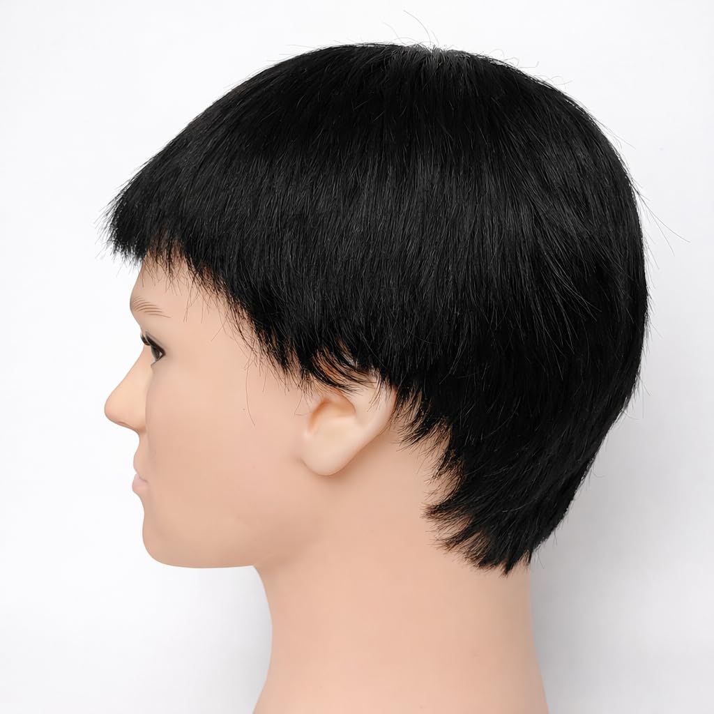 S.A.V.I Men’s Black Short Pixie Cut Wig – 100% Human Hair Straight Boy Cut with Natural Hairline & Realistic Scalp, Breathable Lightweight Cap, Hairpiece for Men